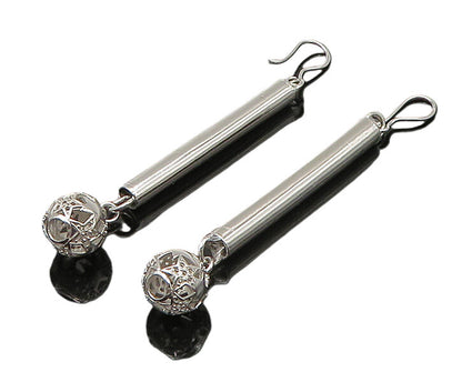 925 Sterling Silver  Vintage Shiny Star Sphere Tube Dangle Earrings  EG11038