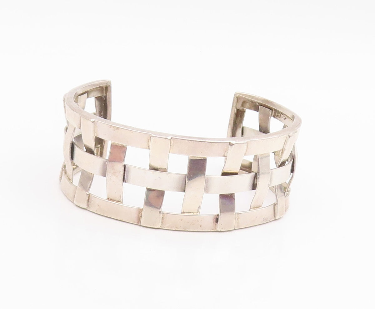 925 Sterling Silver Vintage Bracelet Modernist Basketweave Wide Cuff  BT11942