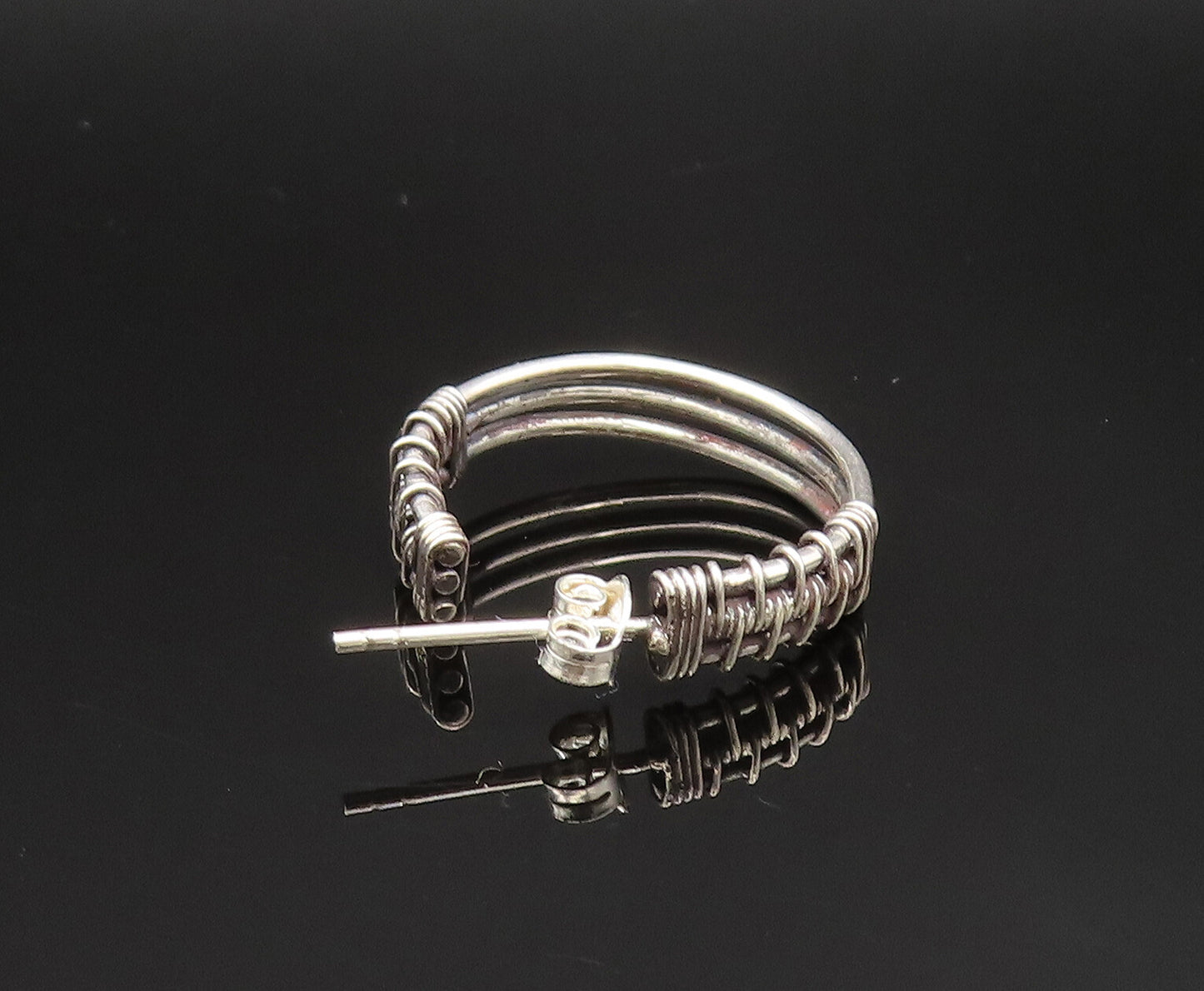 925 Sterling Silver  Vintage Wire Wrapped Three Rows Hoop Earrings  EG11769