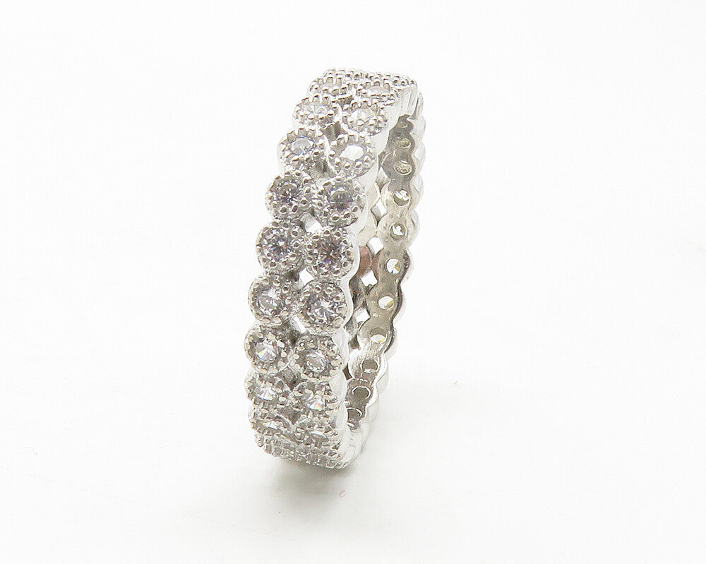 925 Sterling Silver  Sparkling Cubic Zirconia Two Row Band Ring Sz 8  RG11706