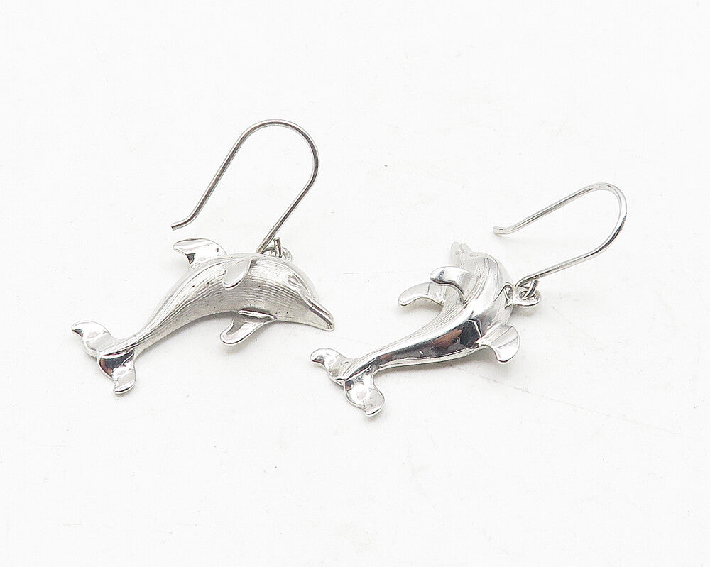 925 Sterling Silver  Vintage Shiny Dolphin Motif Animal Drop Earrings  EG5980