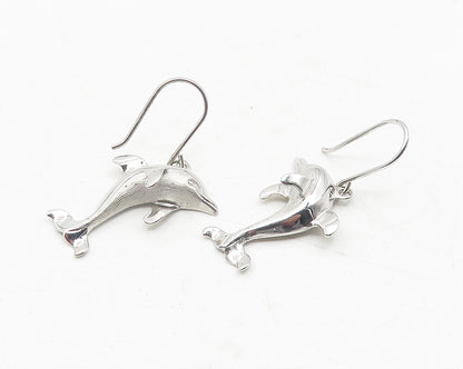 925 Sterling Silver  Vintage Shiny Dolphin Motif Animal Drop Earrings  EG5980