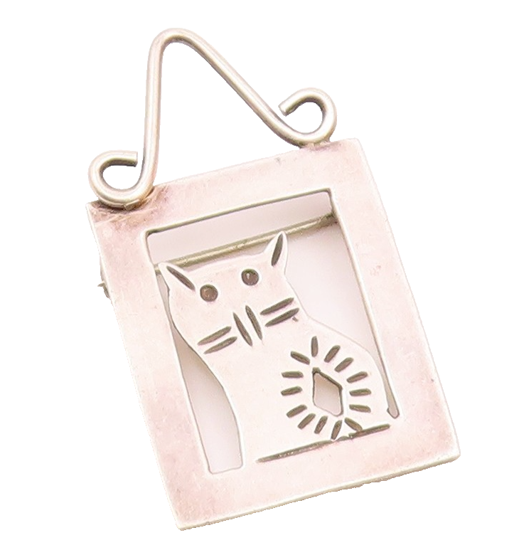 MEXICO 925 Sterling Silver  Vintage Framed Etched Cat Motif Brooch Pin  BP9460