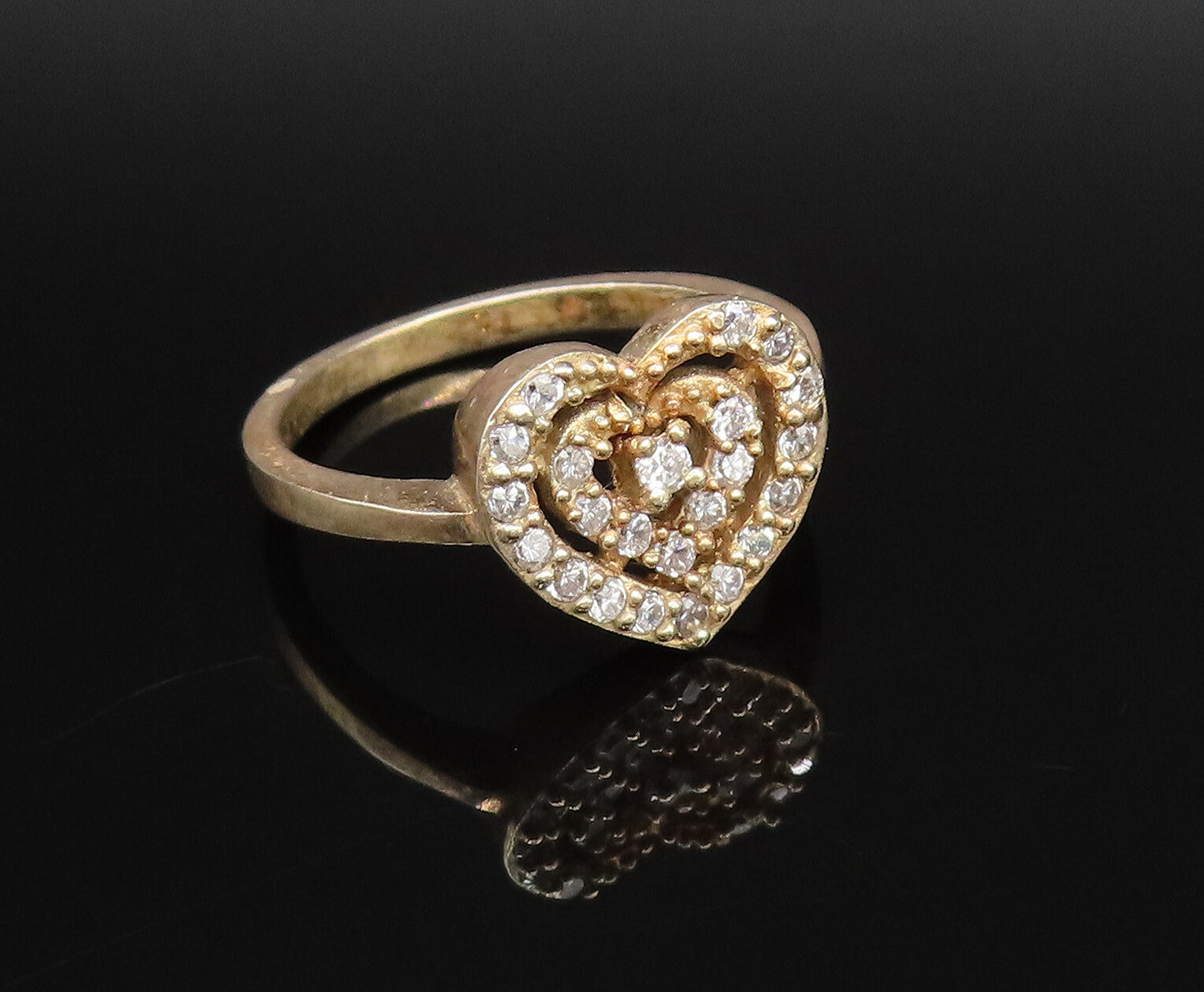 925 Silver  Vintage Gold Plated Dainty Cubic Zirconia Heart Ring Sz 8  RG25808