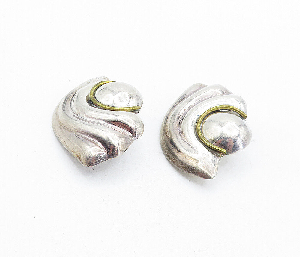 MEXICO 925 Silver  Vintage Two Tone Fluted Swirl Non Pierce Earrings  EG2623