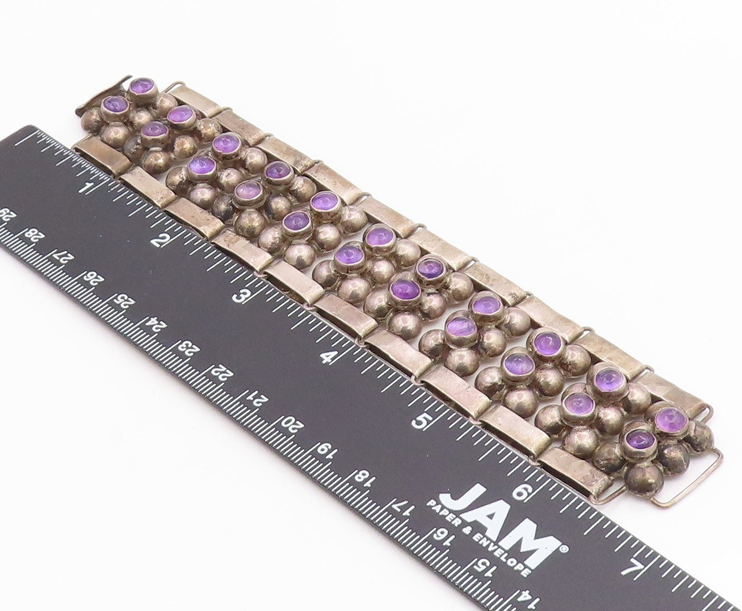 925 Sterling Silver Vintage Bracelet TAXCO Cabochon Amethyst Bead Link  BT12077