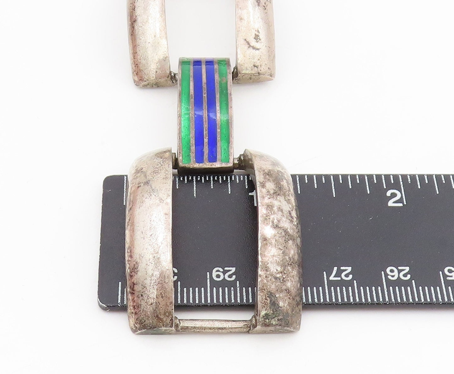 925 Sterling Silver Vintage Bracelet EUROPE Enamel Striped Panel Link  BT11522