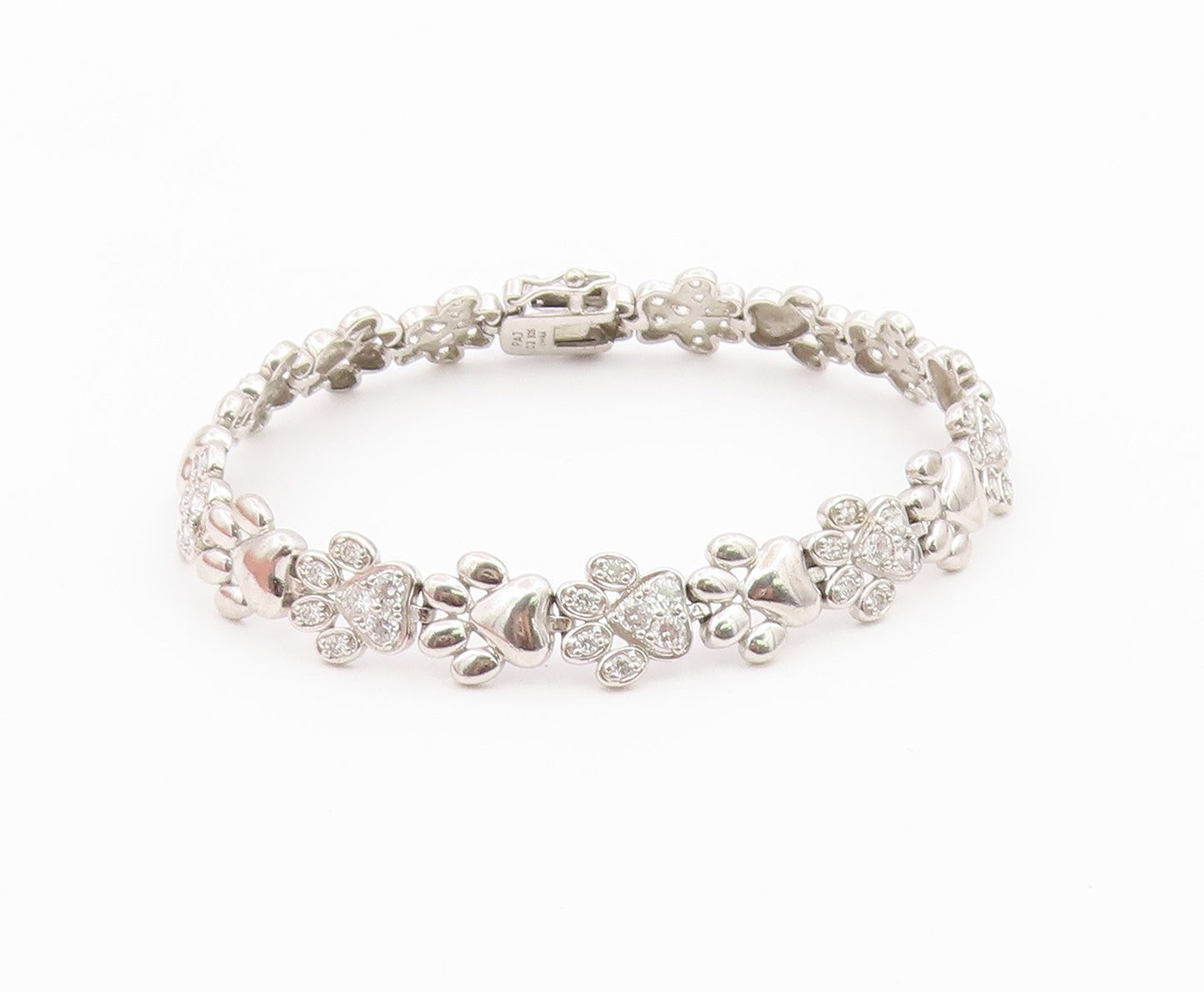 925 Sterling Silver Vintage Bracelet Topaz Paw Print & Heart Tennis Link BT12183