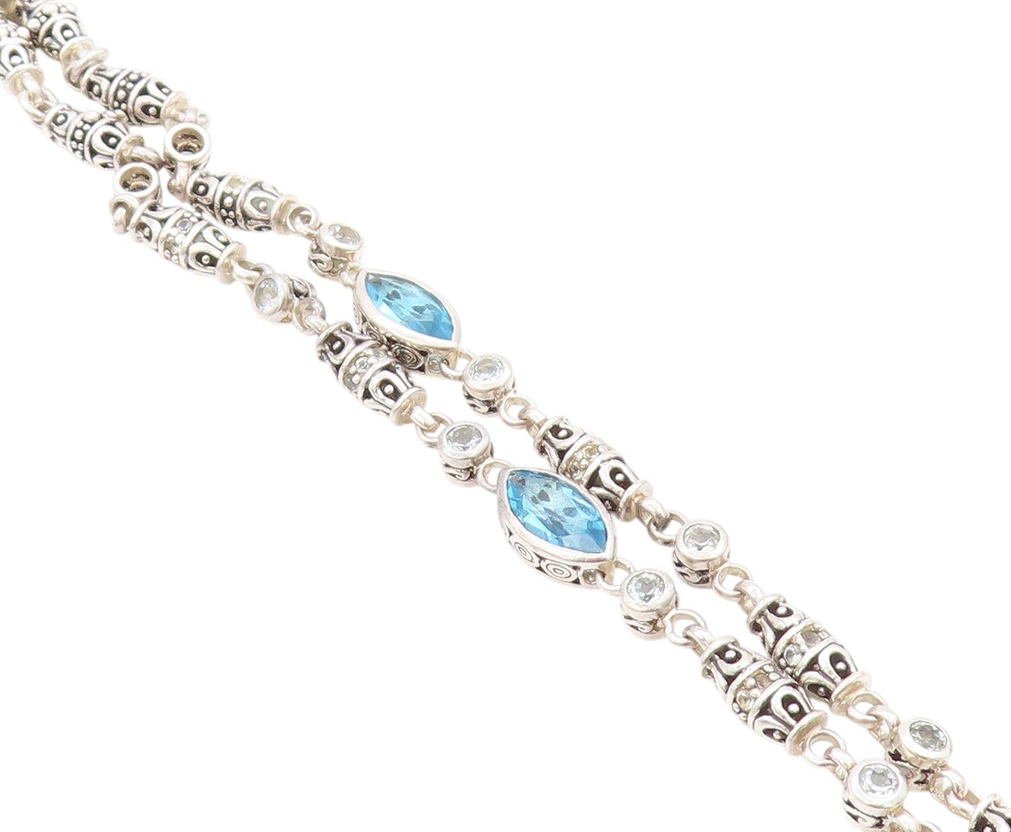 925 Sterling Silver Vintage Bracelet Marquise Blue Topaz Etched Barrels  BT11391