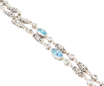 925 Sterling Silver Vintage Bracelet Marquise Blue Topaz Etched Barrels  BT11391