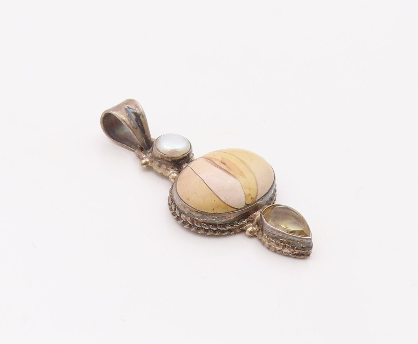 925 Silver  Vintage Multi Shape Jasper Citrine & Pearl Drop Pendant  PT21912