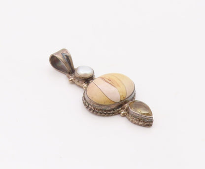 925 Silver  Vintage Multi Shape Jasper Citrine & Pearl Drop Pendant  PT21912