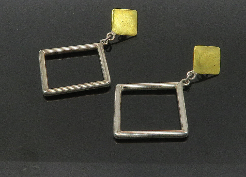MEXICO 925 Silver  Vintage Heavy Open Square 2 Tone Dangle Earrings  EG10519