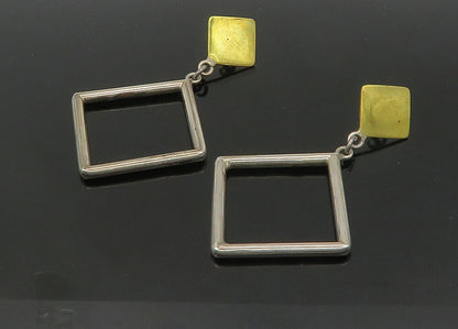 MEXICO 925 Silver  Vintage Heavy Open Square 2 Tone Dangle Earrings  EG10519