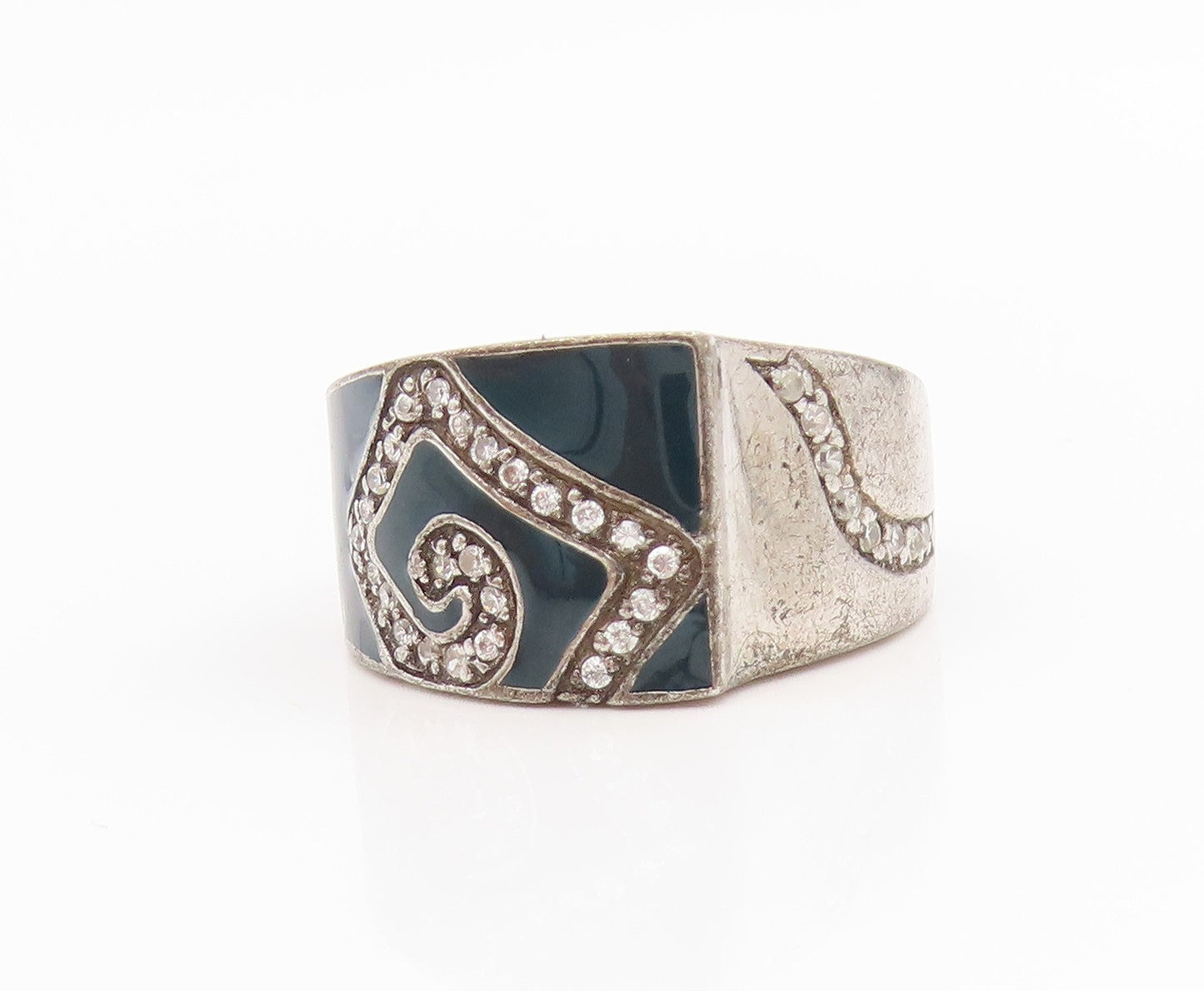 925 Sterling Silver Vintage Ring CZ Swirl Enamel Statement Band  Sz 7  RG34602