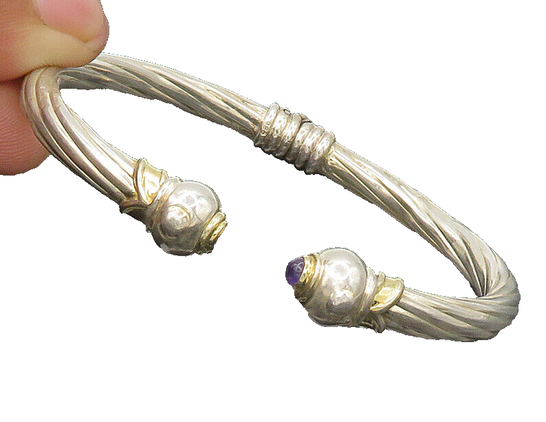 925 Silver & 14K GOLD  Vintage Black Onyx Ends 2 Tone Cuff Bracelet  BT8542