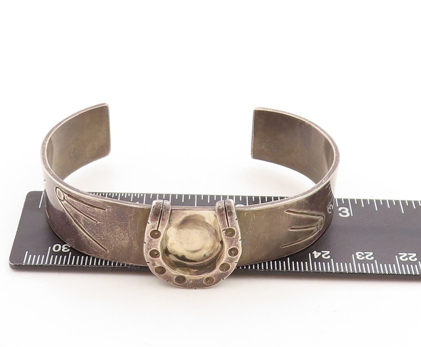 925 Sterling Silver Vintage Bracelet Dark Tone Horse Shoe Good Luck Cuff BT10976