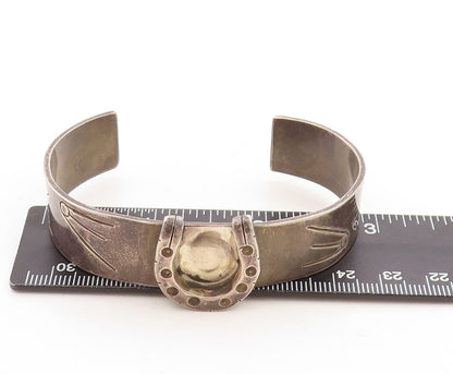 925 Sterling Silver Vintage Bracelet Dark Tone Horse Shoe Good Luck Cuff BT10976