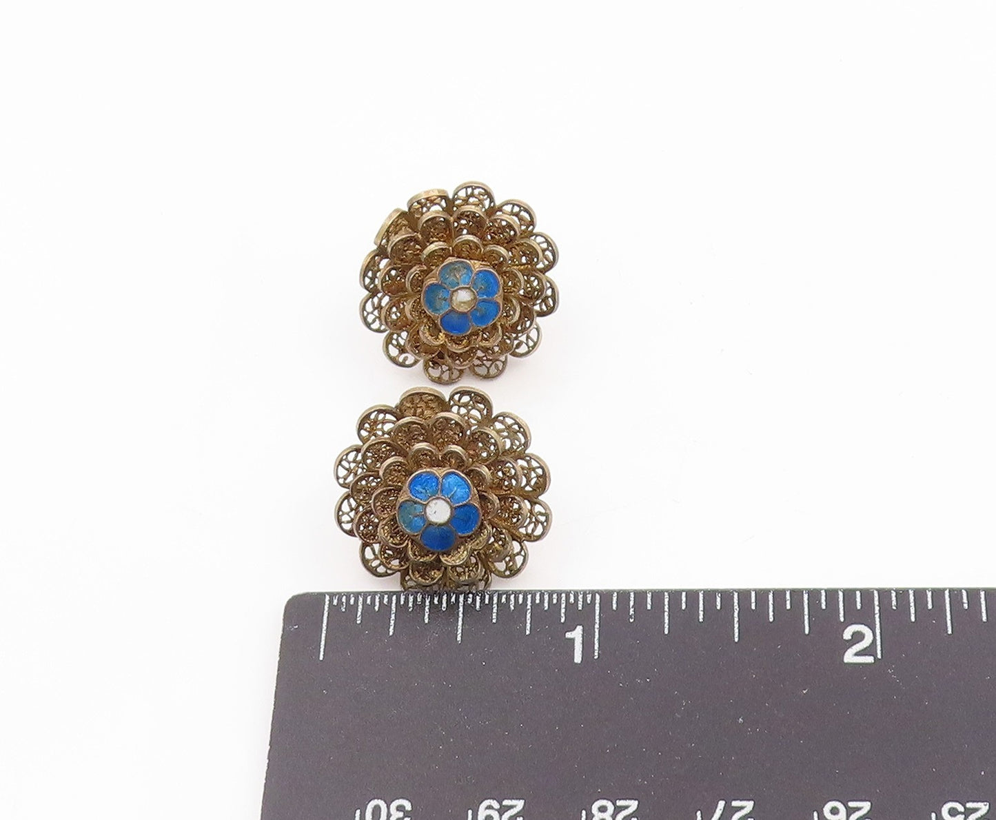 925 Sterling Silver Vintage Earrings TOPAZIO Enamel Filigree Flower  EG14312
