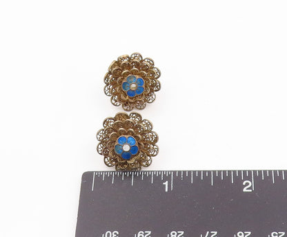 925 Sterling Silver Vintage Earrings TOPAZIO Enamel Filigree Flower  EG14312