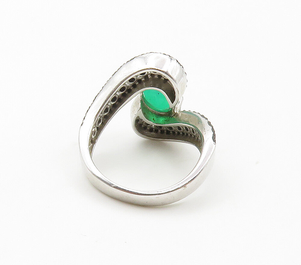 925 Sterling Silver  Green Stone & Black Hematite Bypass Ring Sz 6  RG15260