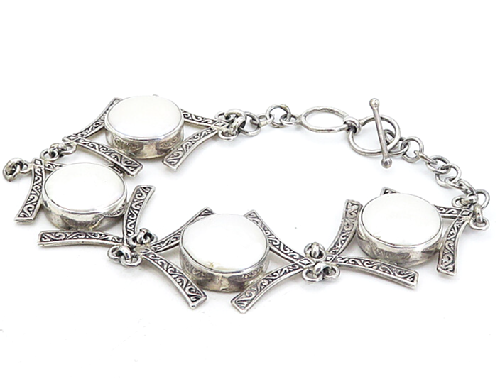 925 Sterling Silver  Vintage Mother Of Pearl Swirl Chain Bracelet  BT3721