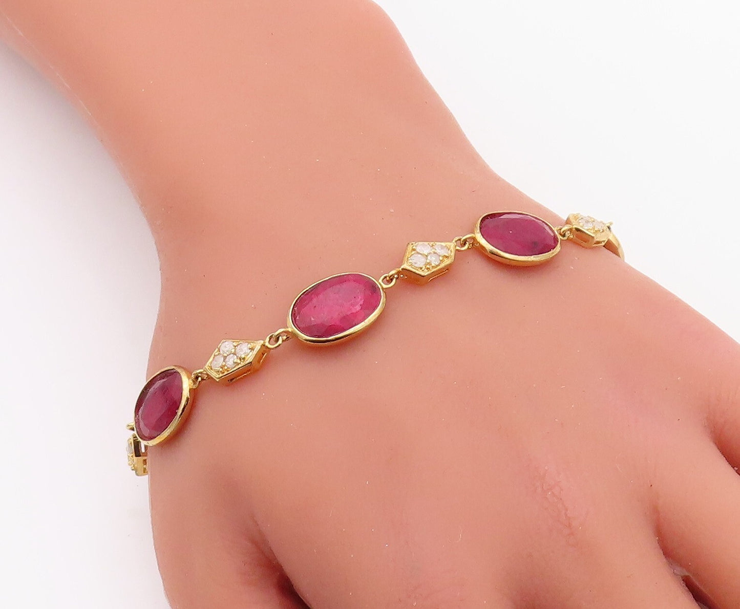 925 Sterling Silver Vintage Bracelet Gold Plated Diamonds & Oval Ruby  BT10838
