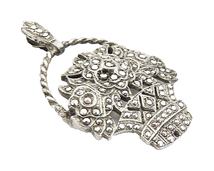 925 Sterling Silver  Vintage Sparkling Flower Basket Motif Pendant  PT6398