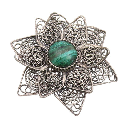 925 Sterling Silver Vintage Brooch Malachite Floral Filigree Petal Pin  BP12087