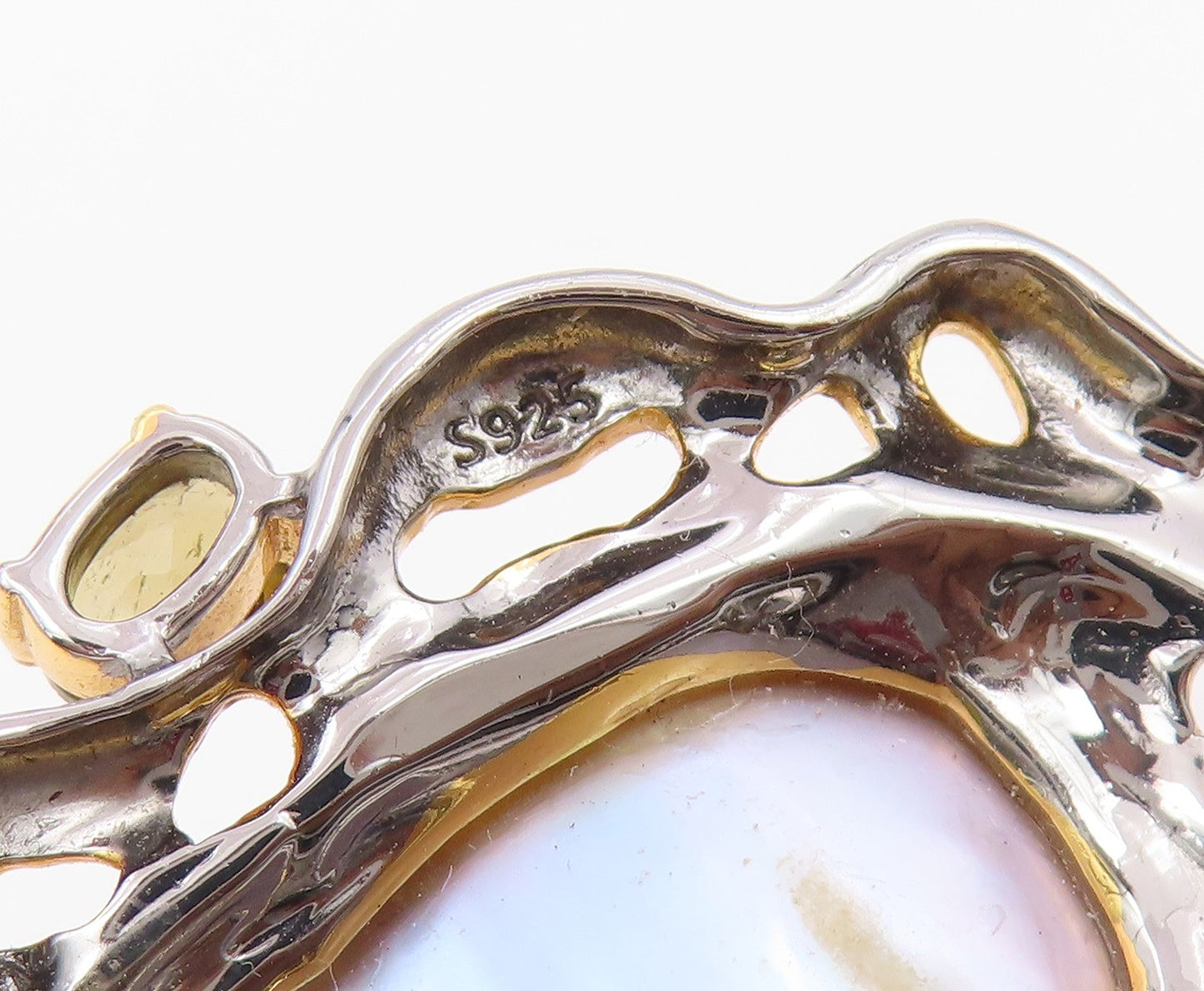 925 Sterling Silver Vintage Brooch Pin Two Tone Pearl & Gemstone Design  BP12642