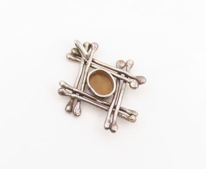 925 Sterling Silver Vintage Pendant Cabochon Tiger's Eye Modernist Grid  PT25442
