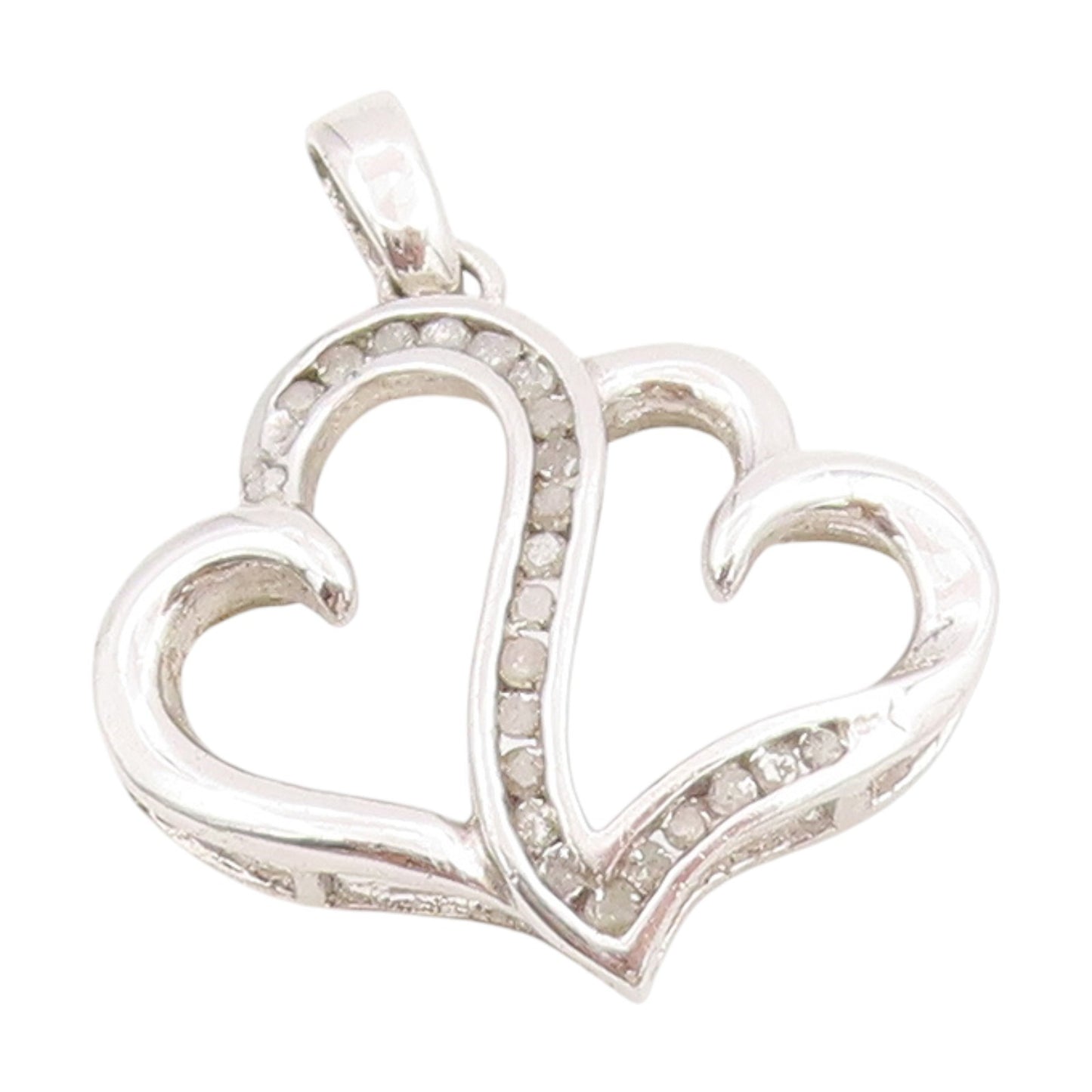 925 Sterling Silver Vintage Pendant Real Diamonds Twin Love Heart Charm  PT25524