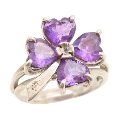 925 Sterling Silver Vintage Ring Amethyst Lucky Four Leaf Clover  Sz 7  RG34824