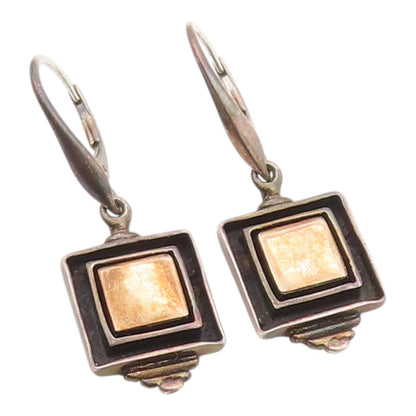 14k Gold & 925 Sterling Silver Vintage Earrings Hammered Square Drop  EG14402