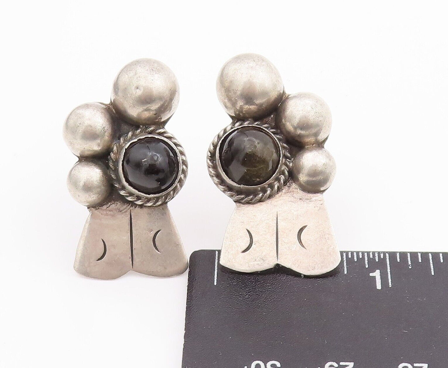 925 Sterling Silver Vintage Earrings MEXICO Antique Beaded Onyx  EG13071
