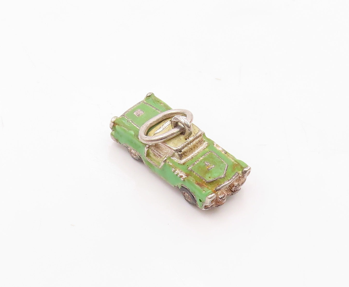 925 Silver  Vintage Green & Yellow Enamel Old Fashion Car Pendant  PT19872
