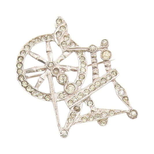 925 Sterling Silver Vintage Brooch Sparkling CZ Spinning Wheel Design  BP11948
