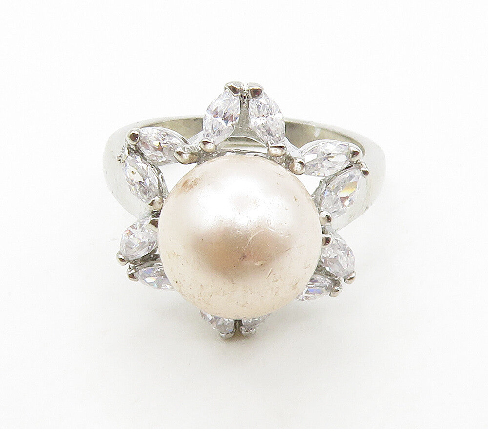 925 Sterling Silver  Pearl & Topaz Flower Motif Cocktail Ring Sz 7  RG15640