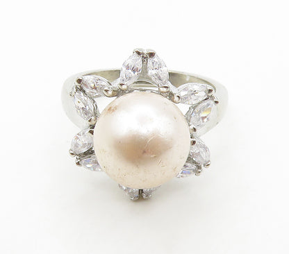 925 Sterling Silver  Pearl & Topaz Flower Motif Cocktail Ring Sz 7  RG15640