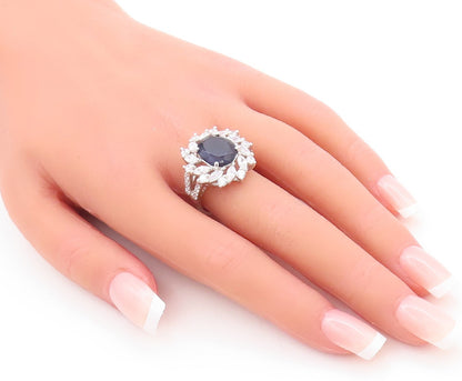 925 Sterling Silver Vintage Ring Sapphire Marquise Cut CZ Flower  Sz 8  RG29536