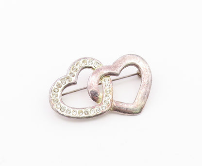 925 Sterling Silver  Vintage Shiny Topaz Open Love Hearts Brooch Pin  BP8189