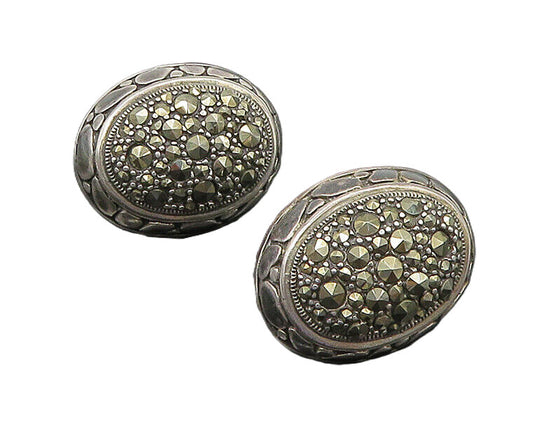 925 Sterling Silver   Vintage Sparkling Marcasite Oval Drop Earrings  EG11294
