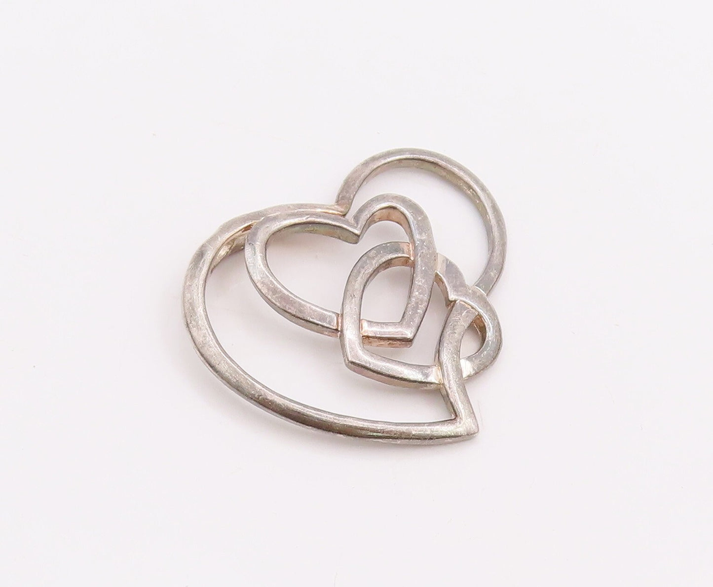 925 Sterling Silver Vintage Pendant Designer Cutout Interlocked Hearts  PT23373