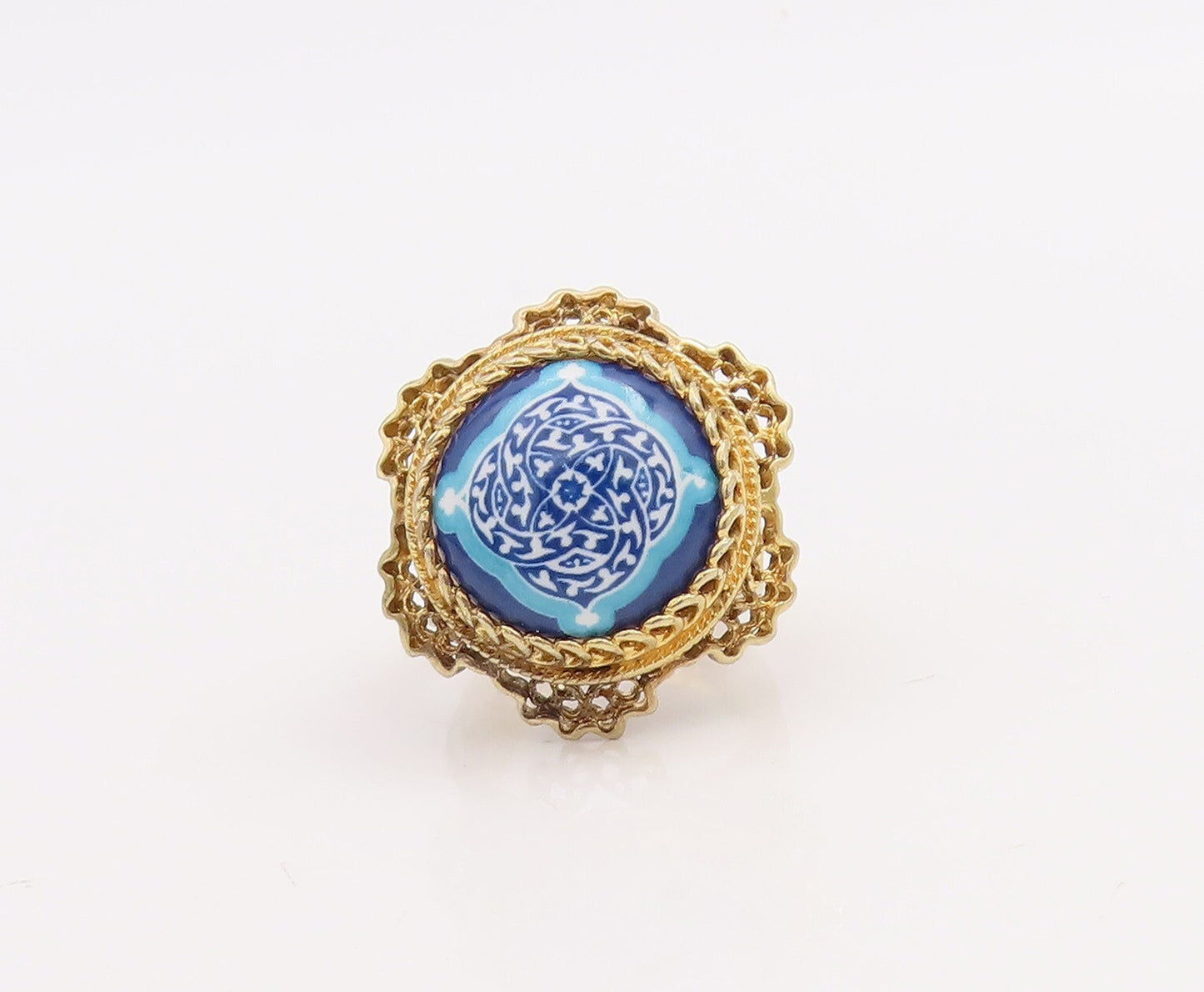 925 Sterling Silver Vintage Ring Gold Plated Enameled Floral Carved Sz 6 RG28865