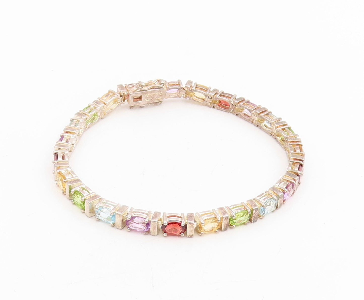 925 Sterling Silver Vintage Bracelet Oval Cut Multi Gemstone Link Chain  BT11461