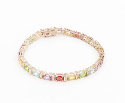 925 Sterling Silver Vintage Bracelet Oval Cut Multi Gemstone Link Chain  BT11461