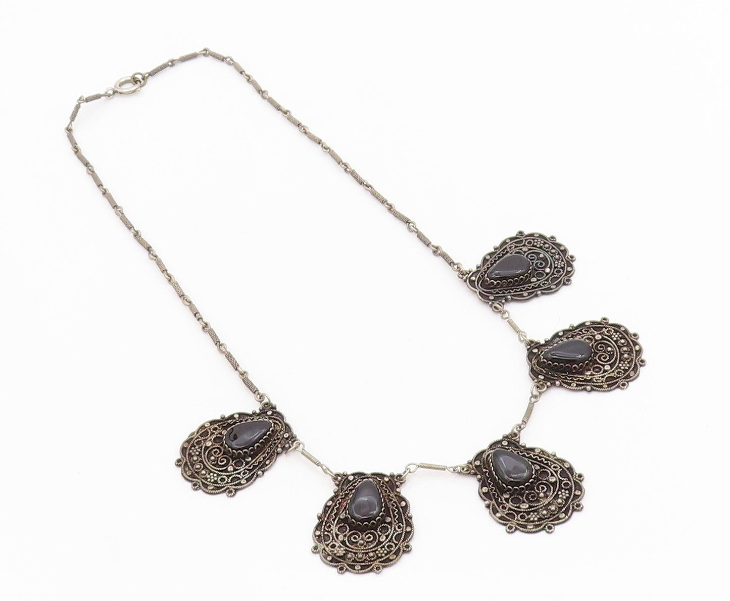925 Sterling Silver Vintage Necklace Dark Tone Swirly Carved Onyx Inlay  NE4449