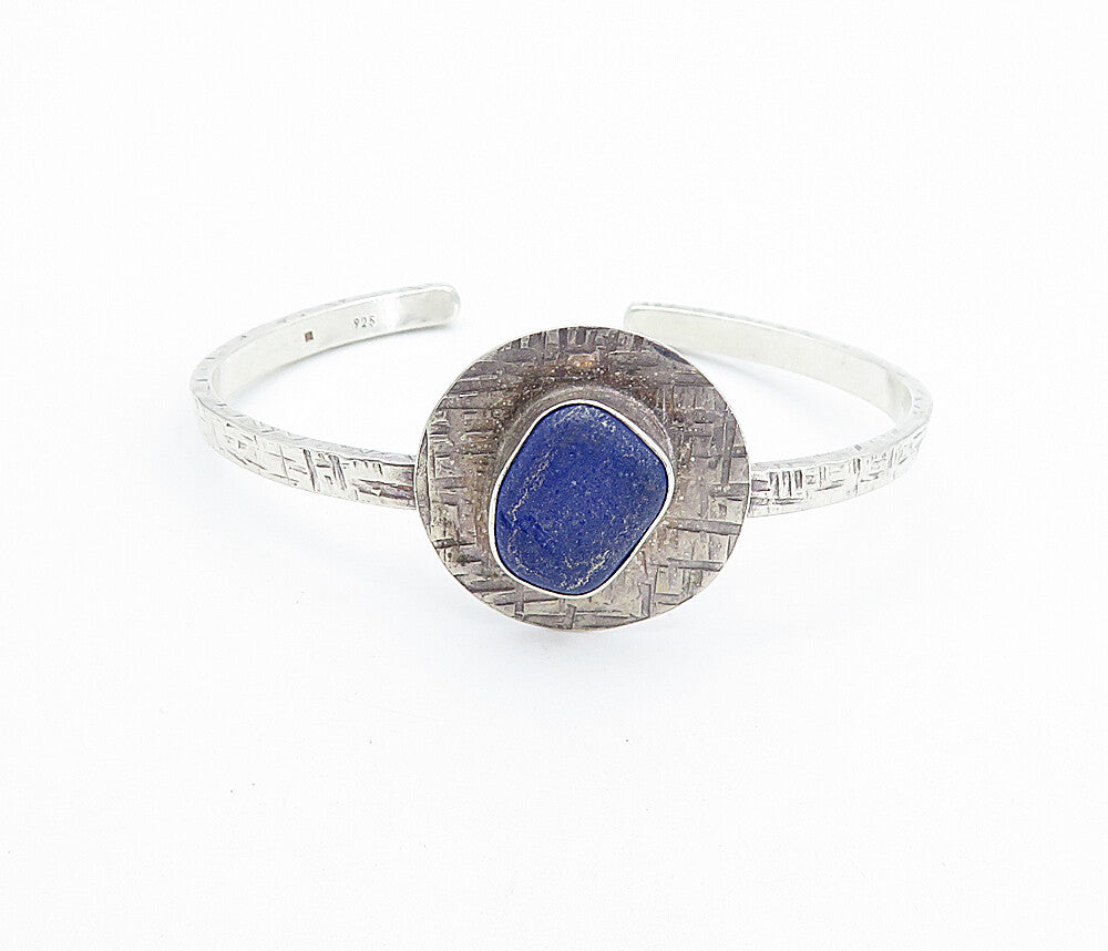 925 Sterling Silver  Vintage Lapis Lazuli Shiny Textured Cuff Bracelet  BT3085