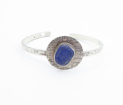 925 Sterling Silver  Vintage Lapis Lazuli Shiny Textured Cuff Bracelet  BT3085
