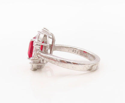 925 Sterling Silver Vintage Ring Square Red Halo White CZ Frame  Sz 7  RG30261